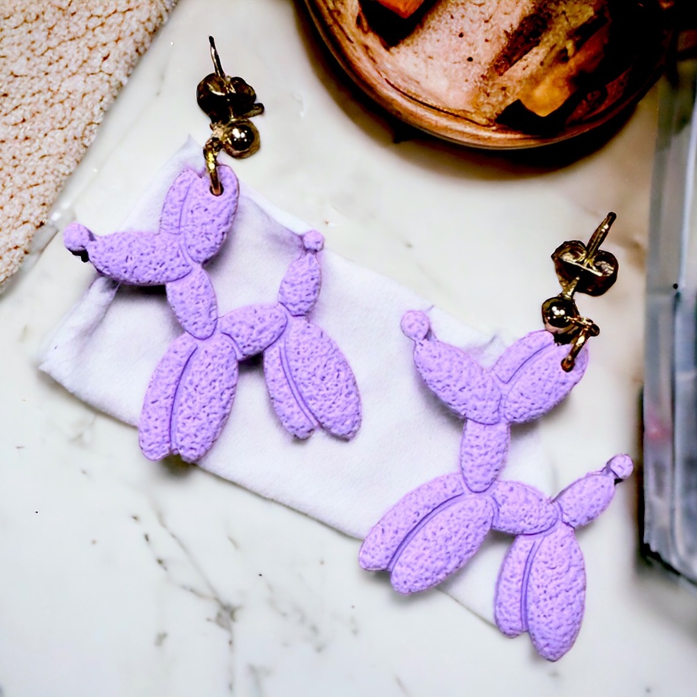 Balloon Dog Polymer Clay Dangle Earrings- Light Purple